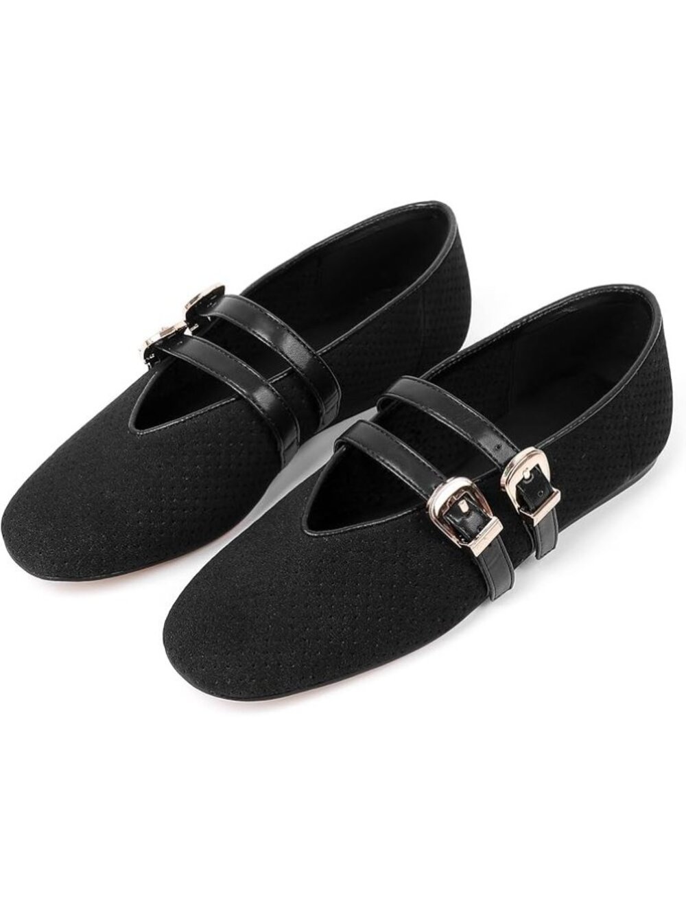 Goupsky Size 10 Flats Ballet Black Suede Mesh Buckle Soft Adjustable